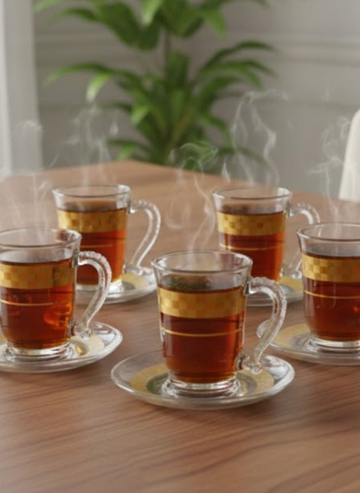 بريميم طقم أكواب شاي فاخرة من الزجاج الشفاف مكوّن من ست قطع مع شريط ذهبي – أكواب شاي أنيقة بمقابض وصحون للتقديم - Image 2